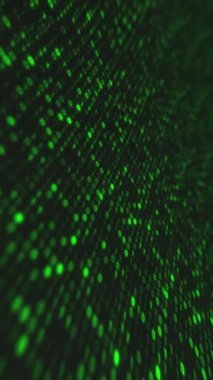 Dikey video - parlayan yeşil bilgisayar kodlu ikili kod birler ve hata efektli sıfırlardan oluşan bir matris. Dijital veri kodlama teknolojisi geçmişi. Bilgisayar programlama veya hackleme kavramı.