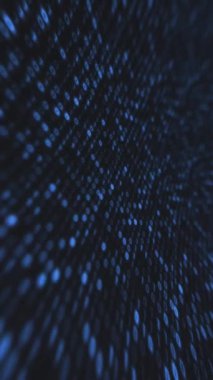 Dikey video - parlak mavi bilgisayar kodlu ikili kod birler ve hata efektli sıfırlardan oluşan bir matris. Dijital veri kodlama teknolojisi geçmişi. Bilgisayar programlama veya hackleme kavramı.