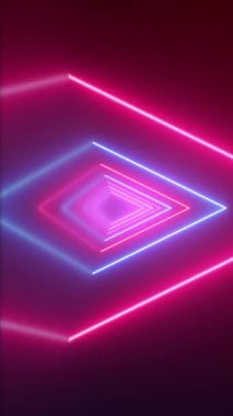 Dikey video, parlak pembe ve mavi bir üçgen içinde ışık yansımaları olan neon bir tünelde uçuyor. Bu modaya uygun modern neon ışıklar arka plan animasyonu tam HD ve döngüseldir.