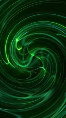 Dikey video. Yeşil enerji ışınları ve patlayan parçacıklardan oluşan dönen bir spiral. Tam HD ve soyut hareket arkaplan canlandırması.