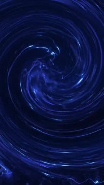 Dikey video. Mavi ışık demetleri ve patlayan parçacıklardan oluşan dönen bir spiral. Gelecekçi enerji portalı efekti arka plan animasyonu.