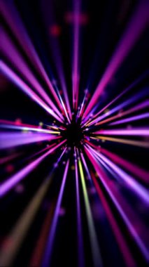 Dikey video. Hızlı hareket eden mor, mavi parçacıklar ve ışık demetlerinin tünel efektini içeren kusursuz bir döngü. Tam HD ve döngü hareketi arkaplanı.