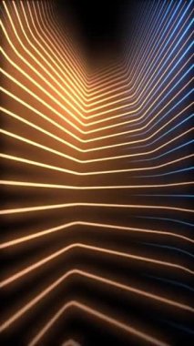 Dikey video - mavi ve altın kıvrımlı parlak neon ışıklar soyut arkaplan animasyonu.