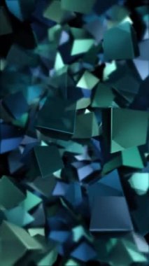 Dikey video - Soyut geometrik arkaplan: yüzen ve dönen parlak yeşil ve mavi küpler. Bu hareket arkaplan animasyonu tam HD ve pürüzsüz bir döngüdür.