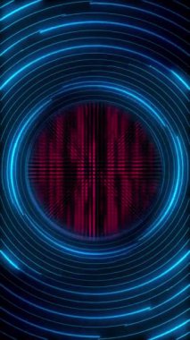 Dikey video - soyut teknoloji arka planı dönen mavi neon daireler ve yanıp sönen kırmızı veri ışıkları. Bu modern hareket arka planı tam HD ve kusursuz bir döngüdür..