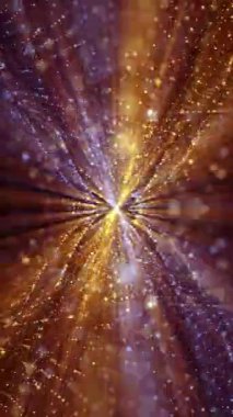 Dikey video - parıldayan altın ve mavi parçacıklar ve parıldayan ışık ışınlarıyla soyut ışıltılı arkaplan. Tam HD ve döngülü cazibe hareketi arkaplan canlandırması.
