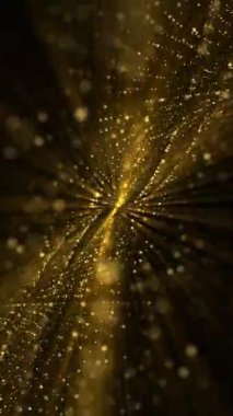 Dikey video - soyut teknoloji arka planı, parlayan altın parçacıklar ve parıldayan ışık ışınlarıyla dolu dijital fraktal dalga. Bu modern hareket arka planı tam HD ve kusursuz bir döngüdür..