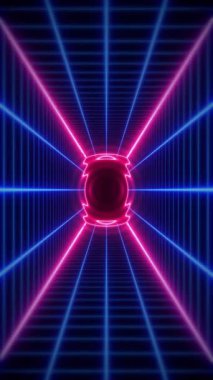 Dikey video - Parlak pembe ve mavi neon ışıklı Retro fütüristik siber punk ızgara hareket arkaplanı.