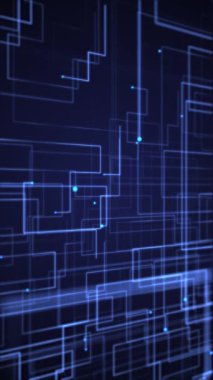 Dikey video - hızlı hareket eden parçacık düğümleri ve dijital veri akışına sahip mavi teknolojili devre kartı. Bu modern teknolojinin arka planı HD ve kusursuz bir döngü..