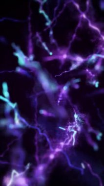 Dikey video - sihirli mor ve mavi ışık demetleri ve patlayan parlak parçacıklar. Döngüleme, tam HD hareket arkaplan canlandırması.