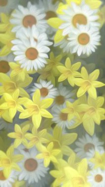 Dikey video - Güzel bahar dönemi çiçekli arka plan animasyonu. Nazikçe hareket eden nergis ve papatya çiçekleri yağlı boya resim tarzında çiçek açıyor..