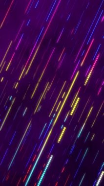 Dikey video - parlak neon çizgiler ve kesik çizgiler ve noktalar mor bir gradyan arkaplan üzerinde çerçeve boyunca yavaşça hareket ediyorlar. Tam HD, soyut hareket arkaplan canlandırması.