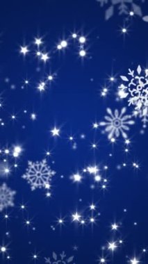 Dikey video - kış kar taneleri, parlayan yıldızlar ve şenlikli koyu mavi arka planda kar parçacıkları. Bu kış karı, Noel hareketi arka plan animasyonu tam bir HD ve kusursuz bir döngü..