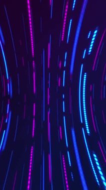 Dikey video - parlak pembe ve mavi neon çizgileri, çerçevede hareket eden çizgiler ve noktalar ile son moda siber punk arka planı. Tam HD, soyut hareket arkaplan canlandırması.