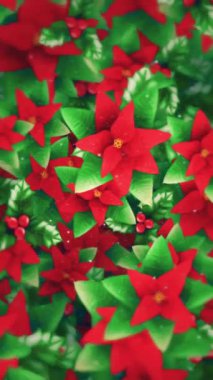 Dikey video - Poinsettia çiçekleri, kutsal yapraklar ve böğürtlenler ve kar tanecikleriyle hafifçe hareket eden bir düzenleme ile güzel bir Noel çiçekli suluboya arka planı. 
