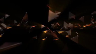Pırıl pırıl parlayan cam çokgen parçaları ile arka planda altın sarısı ışığın yansımalarıyla kameraya doğru uçan şık bir karanlık oyun teknolojisi. Tam HD ve döngü canlandırması.