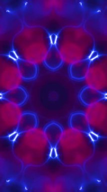Dikey video - dijital mandala parlayan neon kırmızı ve mavi ışık demetleriyle soyut arka plan. Bu kaleydoskopik ruhanilik arka planı tam bir HD ve kusursuz bir döngü..