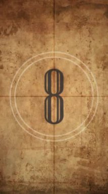 Dikey video - gerçekçi klasik film SMPTE evrensel geri sayım lideri arka plan animasyonu - film sallama, toz ve çizikler ile sepia. 