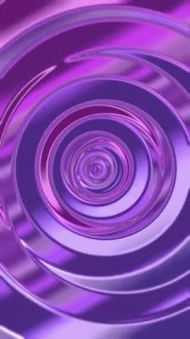 Dikey video - mor ve pembe dinamik spiral desenli soyut arkaplan. Parlak, metalik krom etkisi. Parlak hipnotik çemberler. Modern canlı animasyon döngüsü.