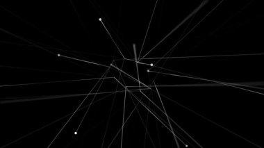 Parlak beyaz çizgi parçacıklarına bağlı minimalist siyah soyut arkaplan. Modern temiz açısal tasarım. Teknoloji bağlantı kavramına ilham verdi. Tam HD ve halka şeklinde siyah minimalizm animasyonu.