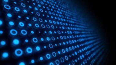 Mavi teknoloji arka planında kameranın önünden geçen dijital veri lambaları var. Büyük veri ağı sunucu kavramı. Bu parlak modern teknoloji arka planı tam bir HD ve bir döngü..