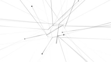 Parlak siyah çizgi parçacıklarına bağlı minimalist beyaz soyut arkaplan. Modern temiz açısal tasarım. Teknoloji bağlantı kavramına ilham verdi. Tam HD ve döngülü beyaz minimalizm animasyonu.