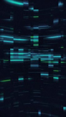 Yanıp sönen mavi ve yeşil neon dijital veri ışıkları ve arıza efektiyle teknoloji arka planı. Veri görselleştirme ya da ağ güvenliği kavramı. Gösterişli yüksek teknolojili dikey dikey animasyon.