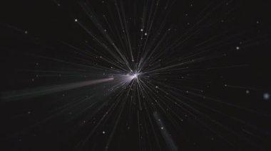 Kozmik yıldızlar arası hiperuzay hareketi arka plan animasyonu. Parlayan yıldız ışınları ve uzayda parçacıklar arasında warp hızında uçmak. Galaksi Yıldız Patlaması Canlandırması.