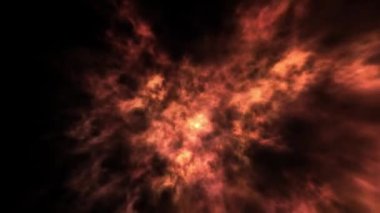 Güçlü patlayan ateş topları arasında uçmak. Ateş patlaması bulutlarına yakından bak. Tam HD ve yanıp sönen arkaplan.