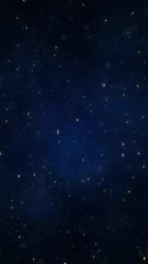 Gece gökyüzünde parıldayan parlak altın yıldızlar kameraya doğru hareket ediyor. Bu parlak yıldızlı gece dikey hareket arka planı tam bir HD ve kusursuz bir döngüdür..
