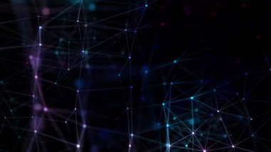 Dijital veri düğümlerinden ve yanıp sönen bilgi akışlarından oluşan parlak neon renkli pleksus ızgarası. Tam HD ve döngü bilgisayar ağı veri bağlantıları teknoloji arkaplanı.
