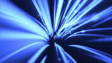 Akan mavi fiber optik ışık demetleri, veri düğümleri ve parçacıklarla dijital veri akışı arka plan animasyonu. Bu modern teknoloji arka planı tam bir HD ve kusursuz bir döngüdür..