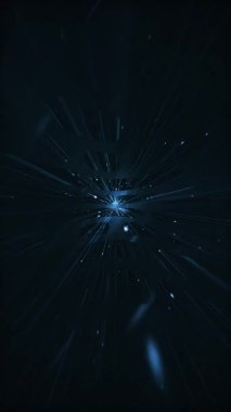 Karanlık stil fütüristik uzay arkaplanı. Parlayan yıldız ışınları, dalgalar ve parçacıklar arasında hiperuzay warp hızında uçuyor. Galaksi yıldız patlaması dikey canlandırması.