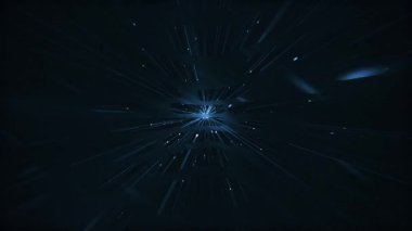 Karanlık stil fütüristik uzay arkaplanı. Parlayan yıldız ışınları, dalgalar ve parçacıklar arasında hiperuzay warp hızında uçuyor. Galaksi Yıldız Patlaması Canlandırması.