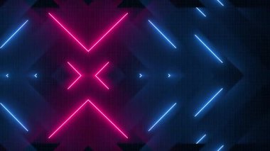 Parlak pembe ve mavi neon ışıklı ve desenli köşegen şekilli parlak teknoloji arka planı. Tam HD ve soyut teknoloji animasyonu.