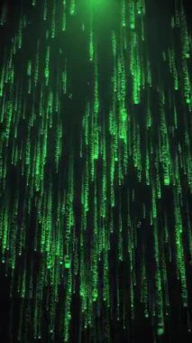 Matrix stili fütüristik arkaplan ve parlayan yeşil dijital kod akımları. Siber güvenlik ve hackleme konsepti. Tam HD ve dikey siber teknoloji arkaplanı.