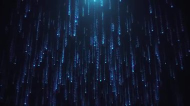 Matrix stili, parlak mavi dijital bilgisayar kodlarının üst üste aktığı fütüristik arkaplan. Siber güvenlik ve hackleme konsepti. Tam HD ve döngülü siber teknoloji arkaplanı.