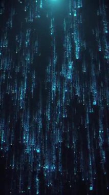 Matrix stili fütüristik arka plan. Artan mavi dijital kod akışları ve arıza etkisi. Siber güvenlik ve hackleme konsepti. Tam HD ve dikey siber teknoloji arkaplanı.