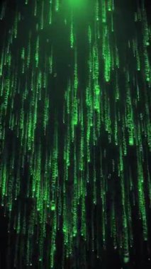 Matrix stili fütüristik arka plan. Artan yeşil dijital kod akımları ve arıza etkisi. Siber güvenlik ve hackleme konsepti. Tam HD ve dikey siber teknoloji arkaplanı.