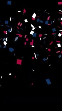 Red white and blue confetti explodes from the bottom of the frame then double pops and falls glittering. 4th of July celebration concept. Vertical video overlay with transparent alpha channel.