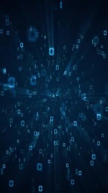 Yüksek hızlı parlayan ikili kod birler ve sıfırlar kameraya doğru akan gelecekçi dijital arkaplan. Tam HD ve döngü veri teknolojisi arka planı. Dikey Canlandırma.