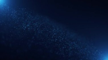 Işıl ışıl parlayan mavi parçacık dalgası arka planında parlak bokeh ışıkları ve akışkan hareket halinde parlak parçacıklar var. Bu atmosferik arkaplan animasyonu tam HD ve dikişsiz bir döngüdür. 