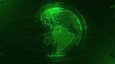 Arıza efektli, dönen yeşil dijital hologram. Küresel iletişim, bağlantılar ve siber güvenlik teknolojisi geçmişi. Tam HD ve döngü fütüristik teknoloji animasyonu.