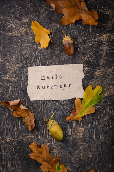 Herbst Herbst Hintergrund Mit Verschiedenen Trockenen Blättern Hallo November Text — Stockfoto