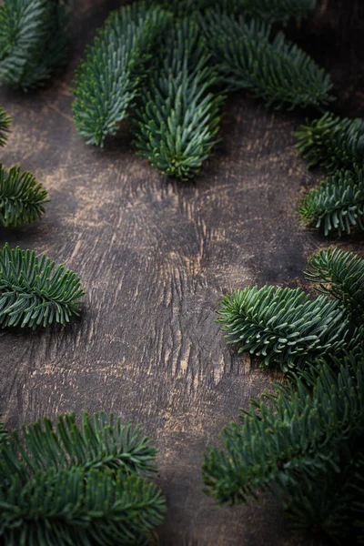 Christmas New Year Background Fir Treeon Black Wooden Surface — Stock Photo, Image