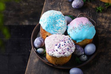 Traditional Ukrainian and Russian Easter cake kulich and eggs