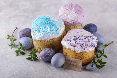 Traditional Ukrainian and Russian Easter cake kulich and eggs