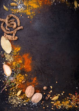 Different spices and herbs on a black background. Paprika, curry, nutmeg, cinnamon, bay leaf, salt, pepper, cardamom. Space for text