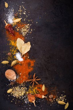 Different spices and herbs on a black background. Paprika, curry, nutmeg, cinnamon, bay leaf, salt, pepper, cardamom. Space for text