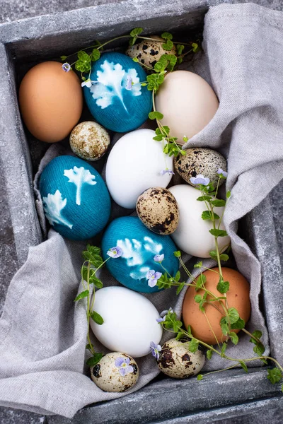 Easter eggs painted of natural dye and decorated with plant leaves